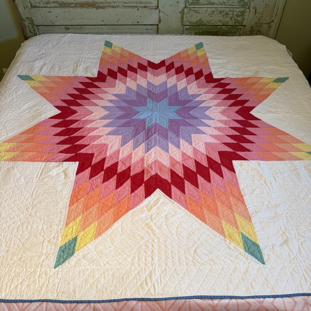 Vintage Hand-Stitched 8 Point Blazing Lone Star Quilt Rainbow Depression Era